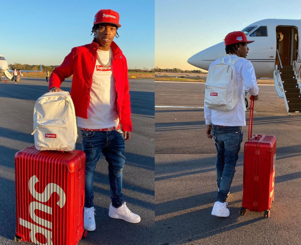 Lil Baby Boards His PJ Wearing an All Supreme 'Fit