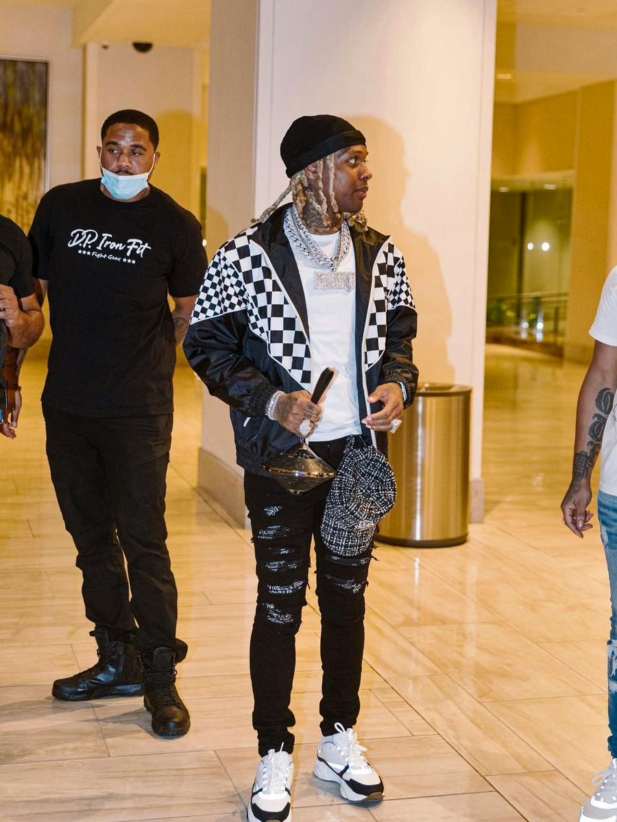 Lil Durk Wearing A Celine Windbreaker With Amiri Bandana Jeans And Dior Sneakers Incorporated Style