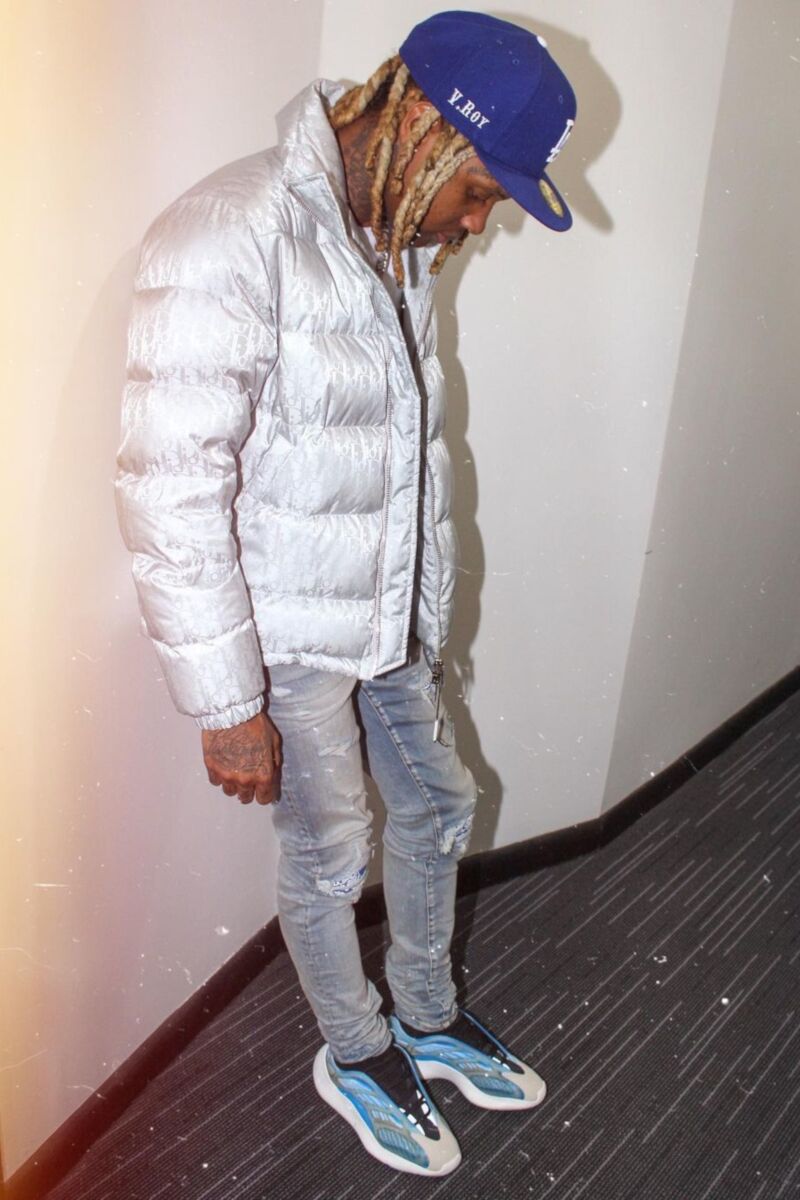 Lil Durk Wearing a Dior Puffer With Amiri Bandana Jeans & Matching Yeezy 700s