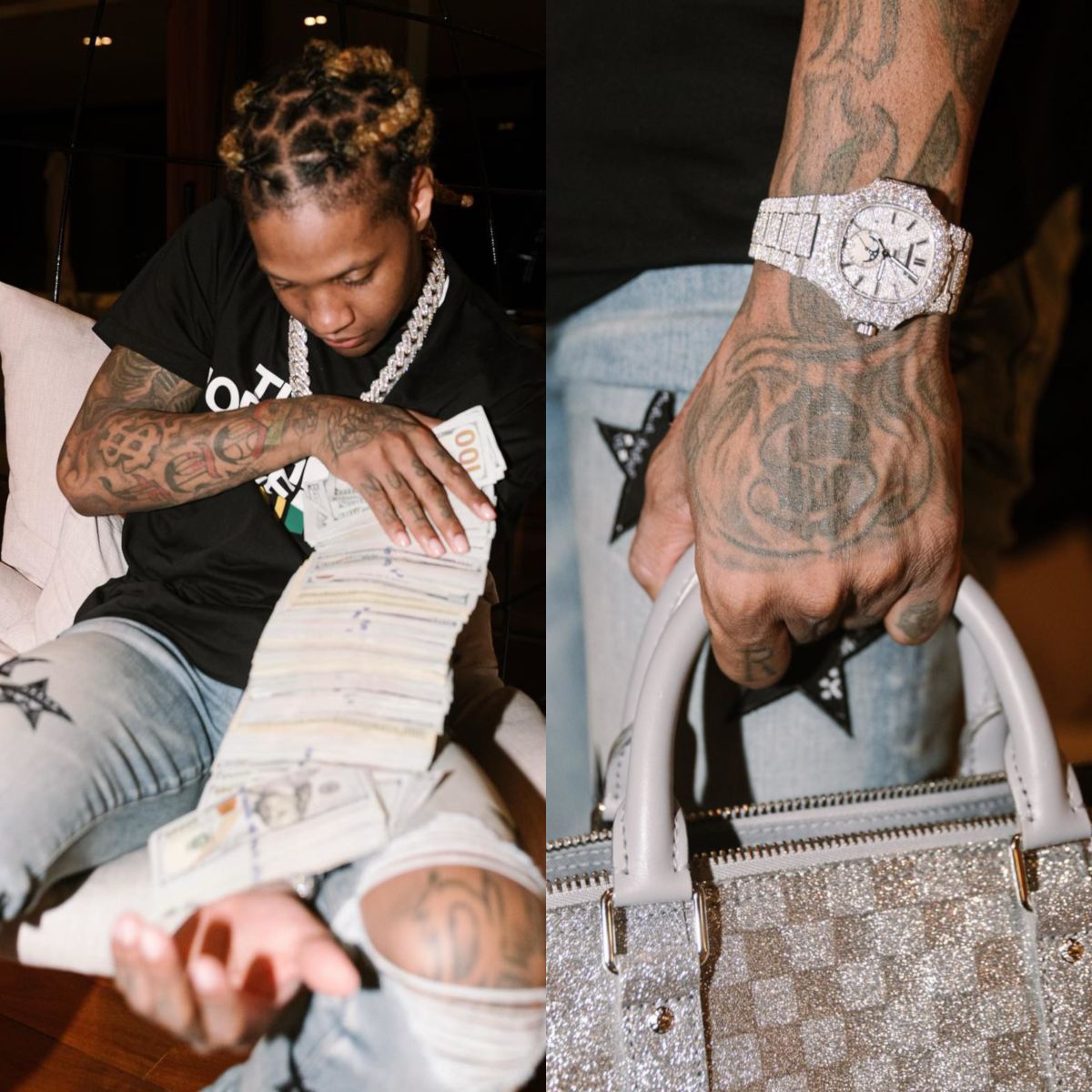 Lil Durk Wearing a Gucci x TNF Tee With a Louis Vuitton Bag & Amiri Star Jeans