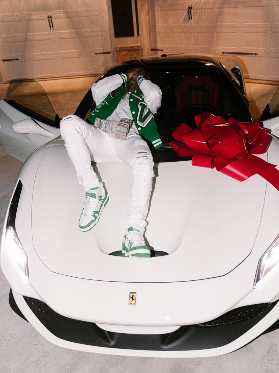 Lil Durk Shows Off His Ferrari F8 In Matching Louis Vuitton Jacket & Sneakers