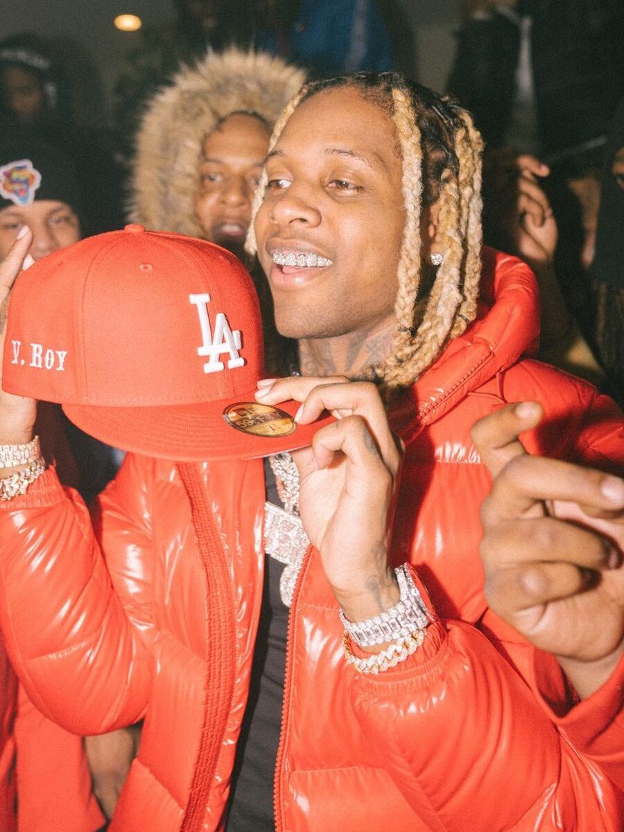Lil Durk Wearing a LA Dodgers Red 59FIFTY & Red Moncler Puffer
