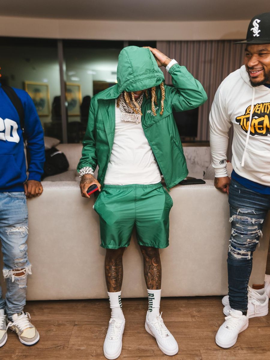 Lil Durk Wearing an All Blue Louis Vuitton Jacket & Amiri Trackpants Outfit