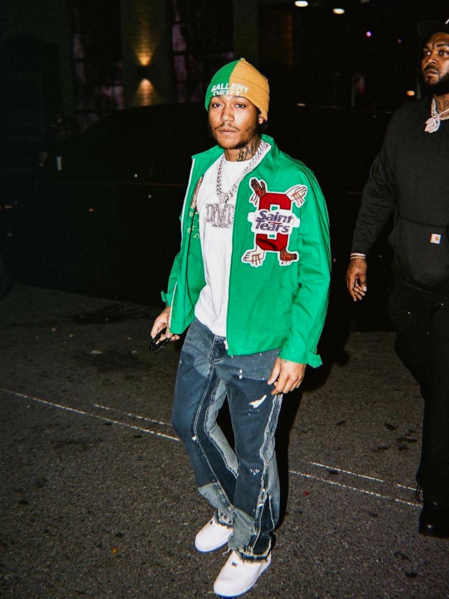 Lil Meech Wearing a Gallery Dept. Beanie & Pants With a Green Tears Jacket