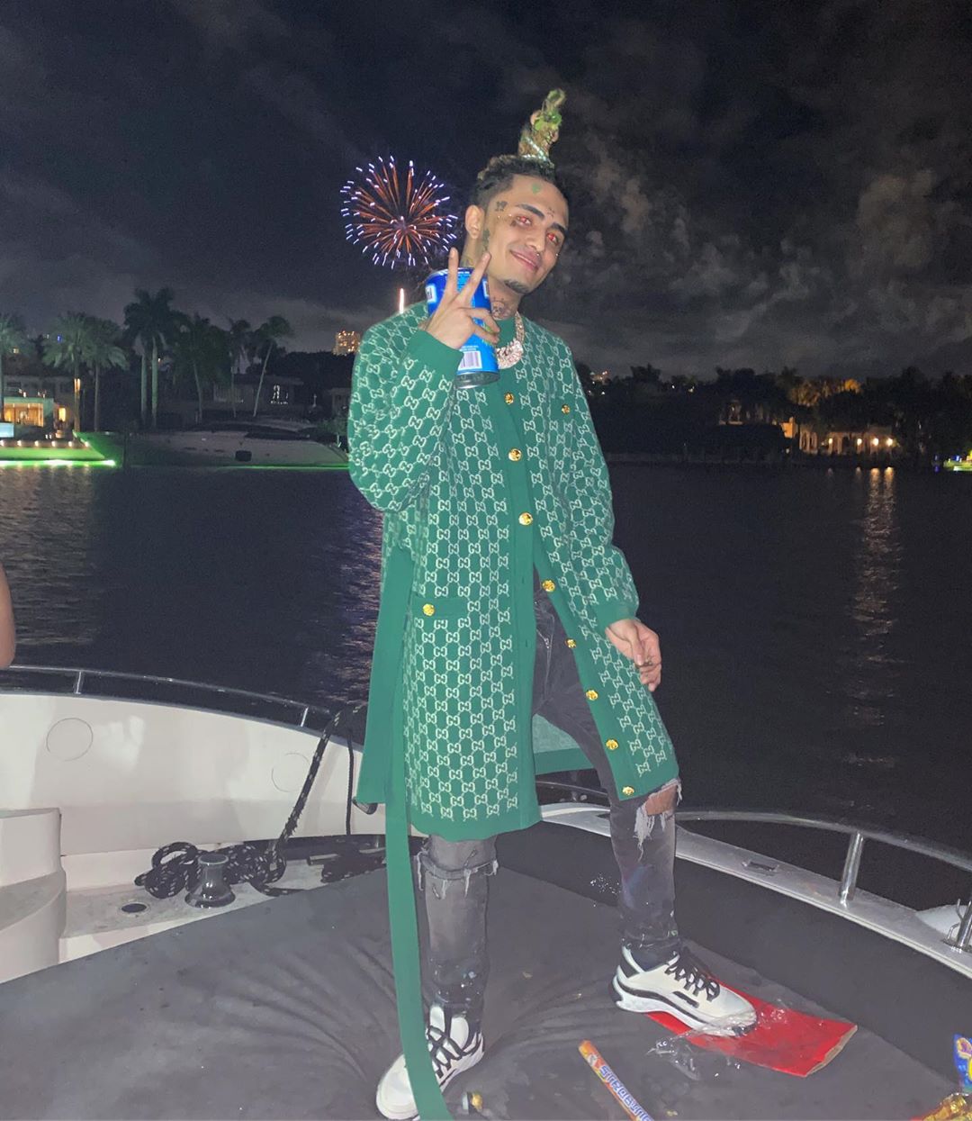Lil Pump Celebrates New Years In a Gucci Cardigan & Amiri Jeans
