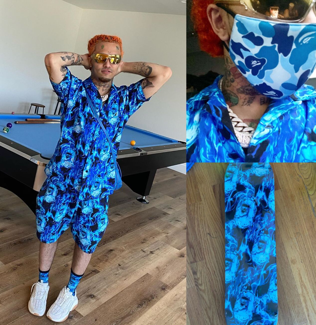 Lil Pump Wearing a Full BAPE Blue-Flame Print 'Fit | Incorporated Style