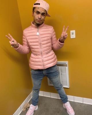 Lil Pump Wearing A Pink Moncler Jacket With Balmain Jeans And Fila X Pierre Cardin Sneakers