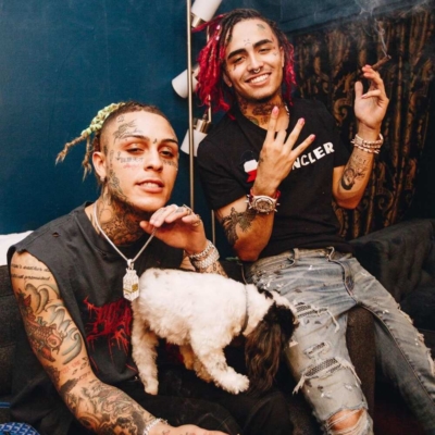 Lil Skies Wearing A Black Logo Print Shirt With Lil Pump Wearing A Moncler T Shirt And Amiri Crystal Underpatch Jeans