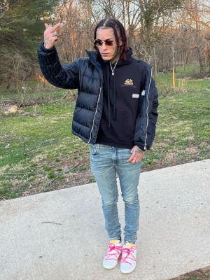 Lil Skies Wearing A Dior Black Oblique Puffer Jacket With A Chrome Hearts X Sex Records Hoodie And Nike X Off White Dunks