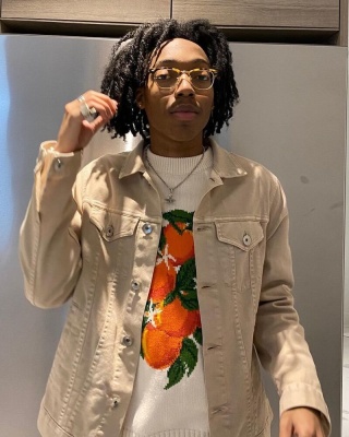 Lil Tecca Wearing A Brunello Cuccellini Beige Denim Jacket With A Casablanca Oranges Jacquard Sweater In Instagram Fit Pic