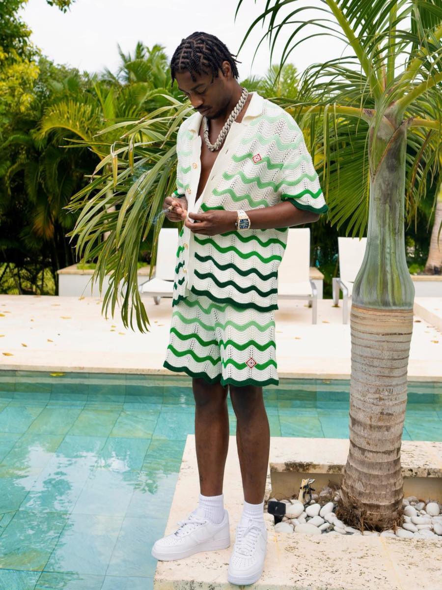 Lil TJay: White and Green Wavy Crochet Shirt + Shorts & Nike Sneakers