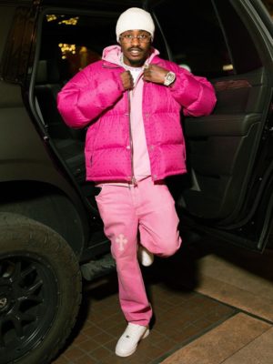 Lil Tjay Chrome Hearts White Beanie Hot Pink Puffer Jacket Pink Jeans Nike Sneakers