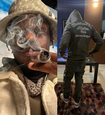 Lil Tjay Wearing A Dior Bucket Hat With A Olive Green Hoodie Cargo Pants And Dior B27 Sneakers