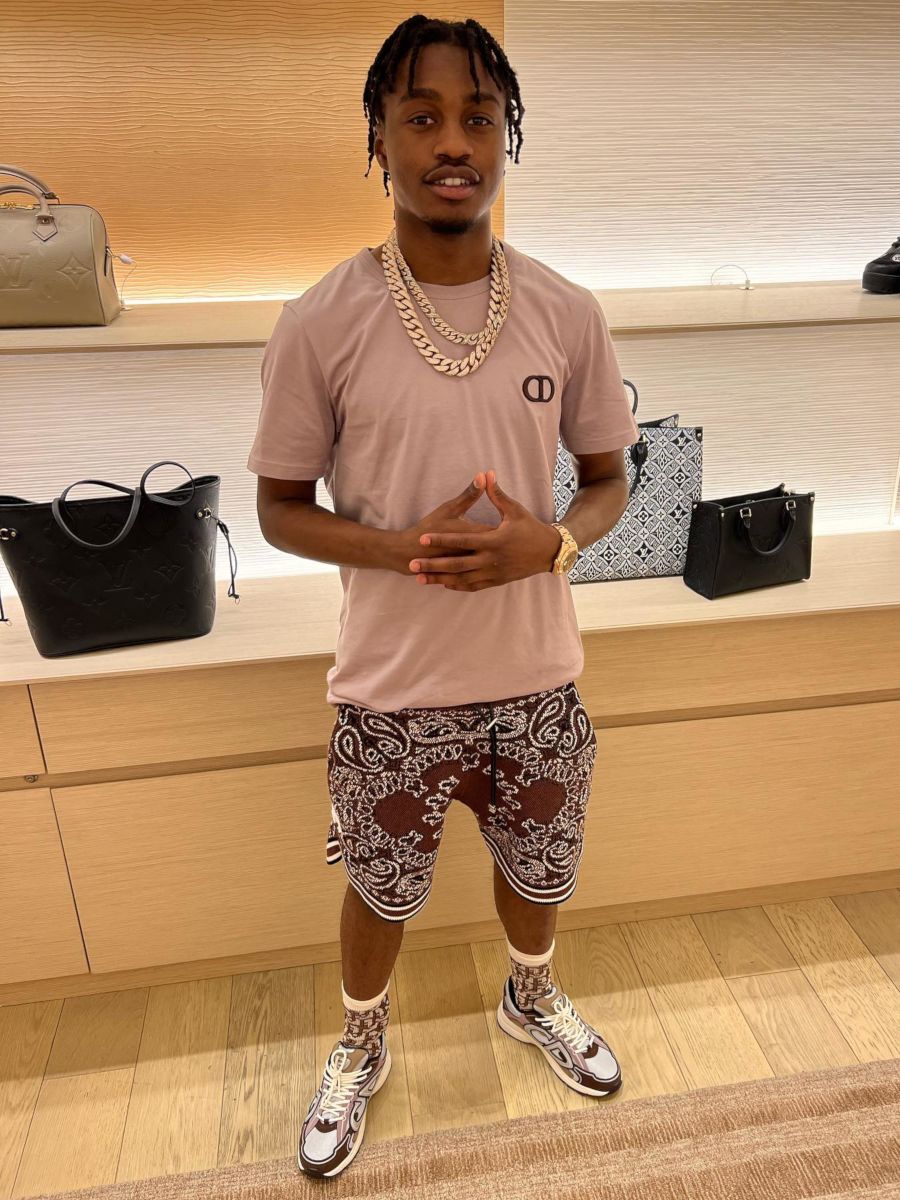 Lil TJay Wearing a Dior CD-Logo Tee & Sneakers With Brown Bandana Shorts