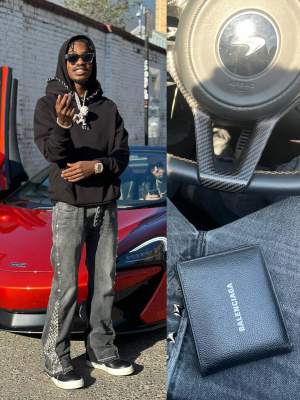 Lil Tjay Wearing A Mjb Black Logo Hoodie With Louis Vuitton Sunglasses Gallery Dept Studded Jeans An Rick Owens Sneakers