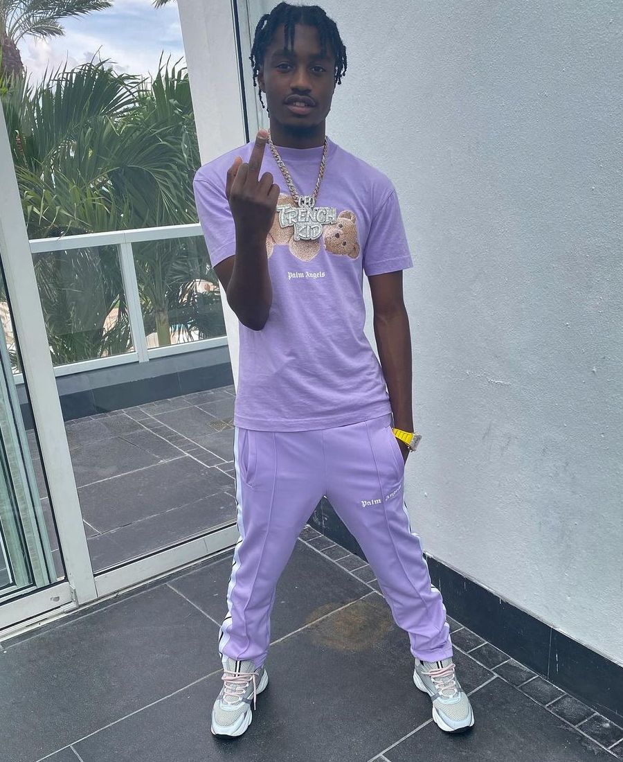 Lil TJay Wearing a Palm Angels Lavender Tee & Trackpants With Dior B22s