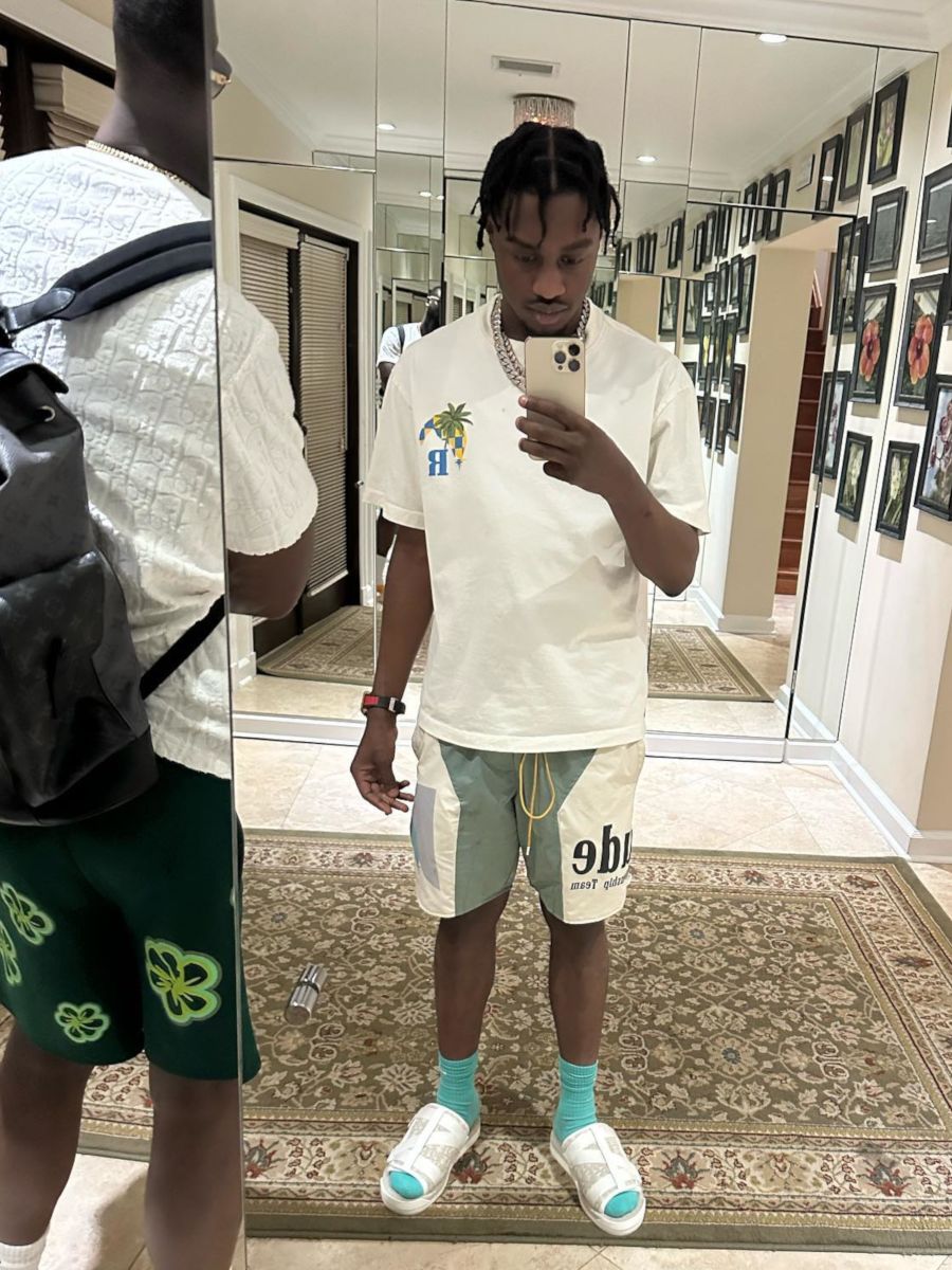Lil TJay Snaps a Fit Pic Wearing a RHUDE Tee & Shorts With Dior Sandals