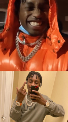 Lil Tjay Wearing An Moncler Orange Maya Puffer Ajcket And Amiri Sweatshirt