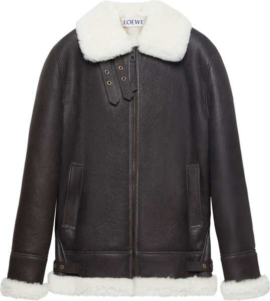 Loewe Brown Leather And White Shearling Aviator Jacket