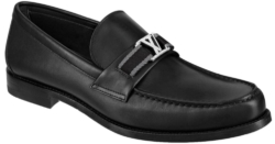 Louis Vuitotn Black Leather Loafers With Fabric Strap And Metal Lv Initiales