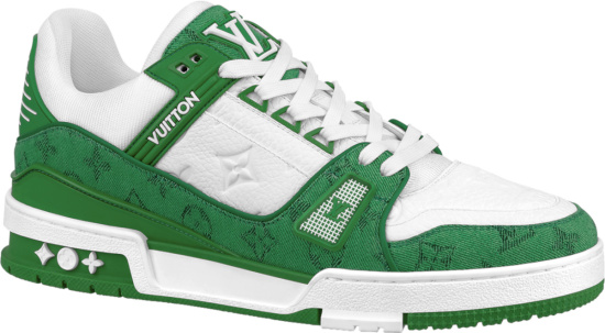 Louis Vuitton White & Green Denim 'LV Trainer' Sneakers | INC STYLE