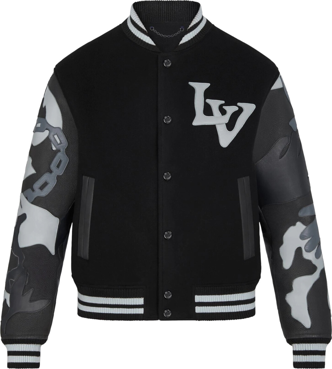 Louis Vuitton Black & Chains-Camo Varsity Jacket | Incorporated Style