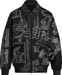 Louis Vuitton Black Leather Allover Embroidered Bomber Jacket