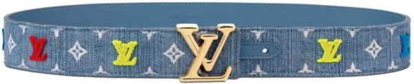 Louis Vuitton Blue Denim Belt With Red And Yellow Logo Patches