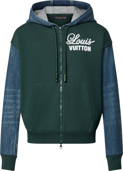 Louis Vuitton Dark Green And Denim Sleeve Zip Logo Hoodie 1aagp8