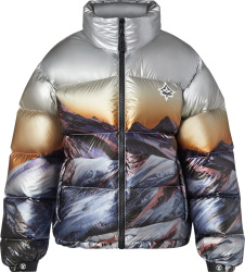 Metallic Mountain Print Puffer Jacket