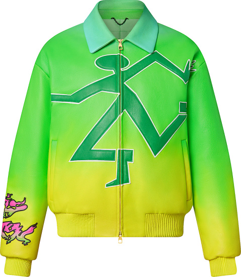 Louis Vuitton Neon Green And Yellow Gradient Running Man Panther Leather Varsity Jacket 1a9srn