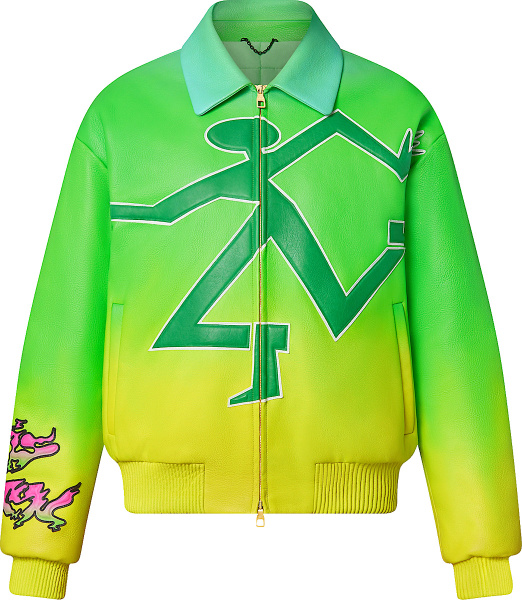 Louis Vuitton Neon Green And Yellow Gradient Running Man Panther Leather Varsity Jacket 1a9srn