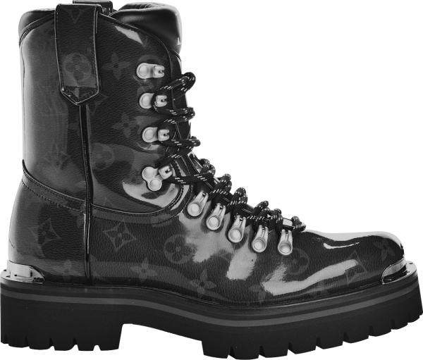 Louis Vuitton Patent Black Monogram Combat Boots