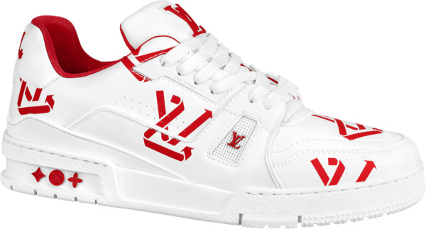 Louis Vuitton White And Allover Red Lv Logo Trainer Sneakers