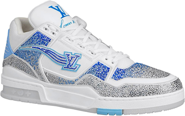 Louis Vuitton White And Blue Crystal Lv Trainer Sneakers