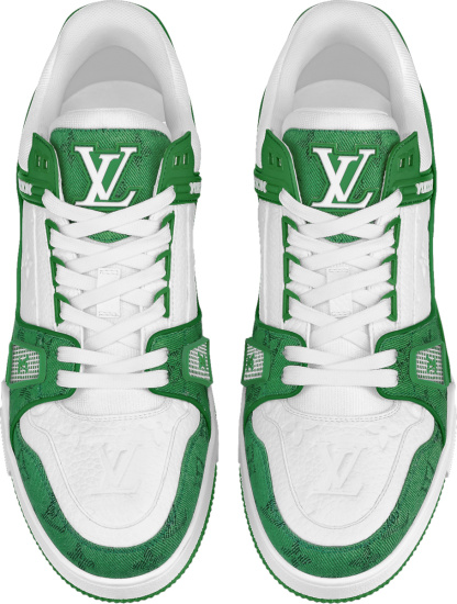 Louis Vuitton White And Green Denim Monogram Lv Trainer Sneakers