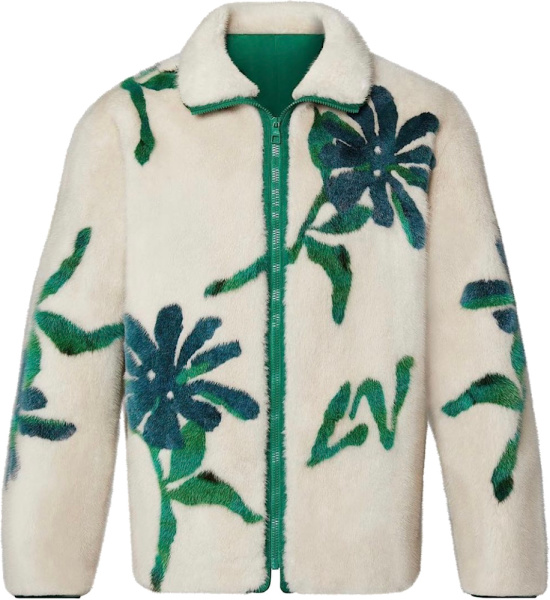 Louis Vuitton White And Green Floral Shearling Jacket