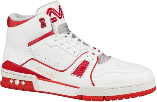 Louis Vuitton White & Red ‘LV Trainer’ Mid Sneakers | Incorporated Style