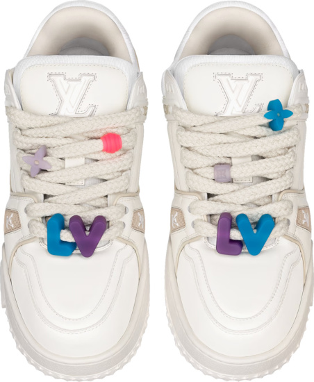 Louis Vuitton White Lv And Multicolor Lace Charm Lv Trainer Maxi Sneakers