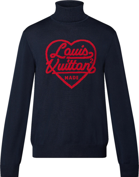 Louis Vuitton X Nigo Navy And Red Heart Logo Turtleneck Sweater