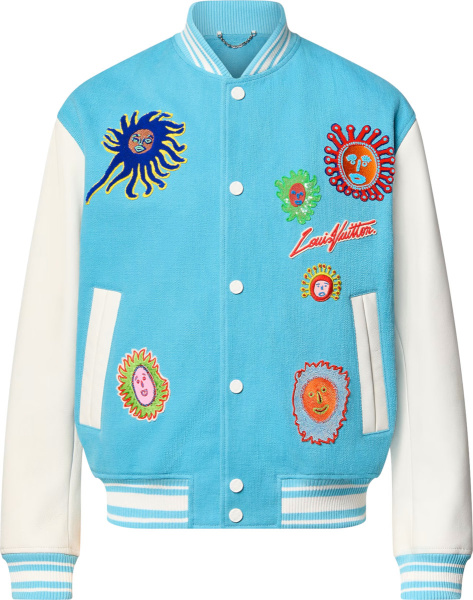 Louis Vuitton X Yk Light Blue And White Faces Embroidered Varsity Jacket 1ab8hf