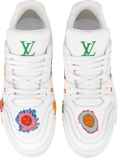 Louis Vuitton X Yk White And Multicolor Faces Print Lv Trainer Sneakers