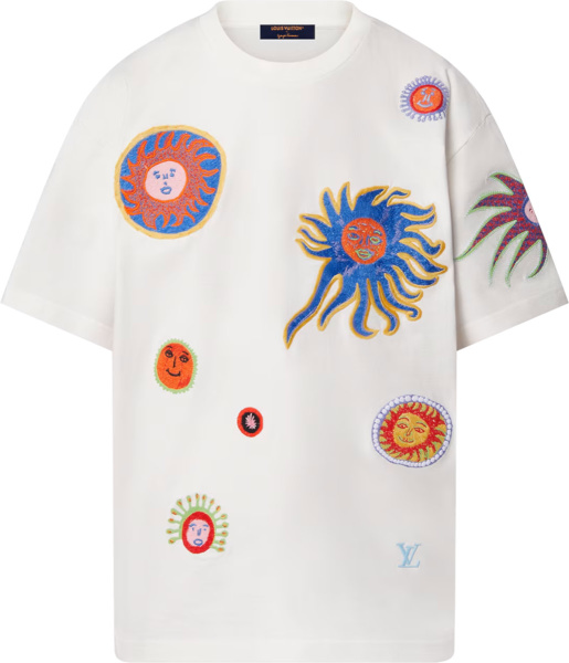 Louis Vuitton X Yk White Sun Faces Embroidered T Shirt 1ab6p0
