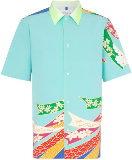 Maison Margiela Blue Kimono Shirt With Green Collar