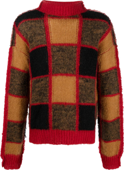 Marni Beige And Red Square Grid Mohair Sweater