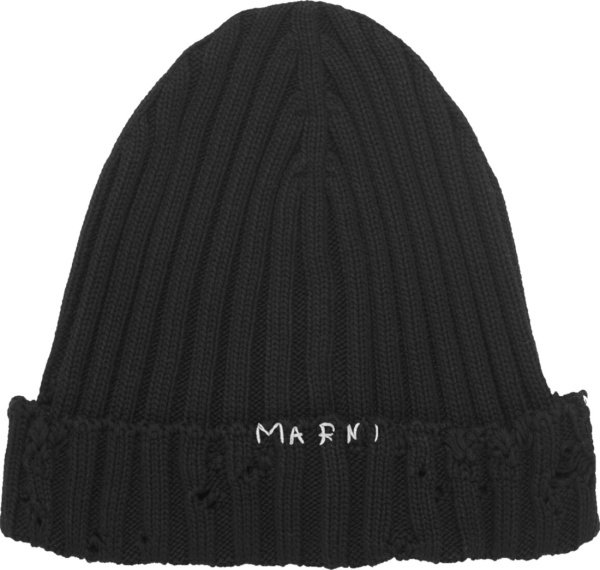 Marni Black Chunky Knit Distressed Logo Beanie