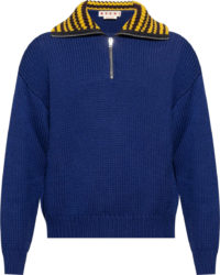 Marni Navy And Yellow Striped Sailor Collar Half Zip Sweater
