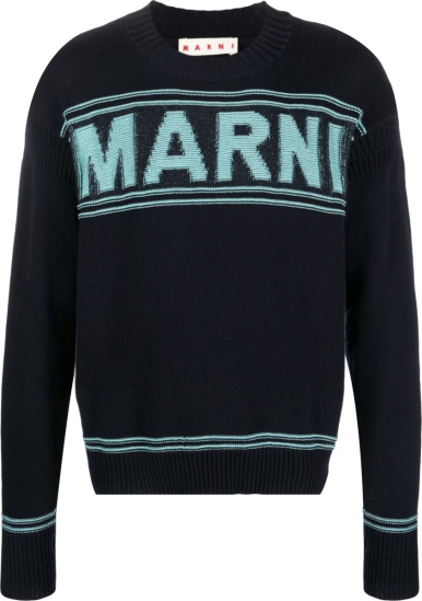Marni Navy Blue And Light Blue Logo Sweater