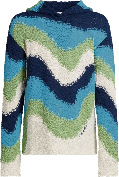 Marni Navy Light Blue Green And White Wavy Striped Knit Hoodie