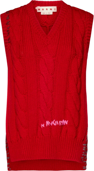 Marni Red Cable Knit V Neck Sweater Vest
